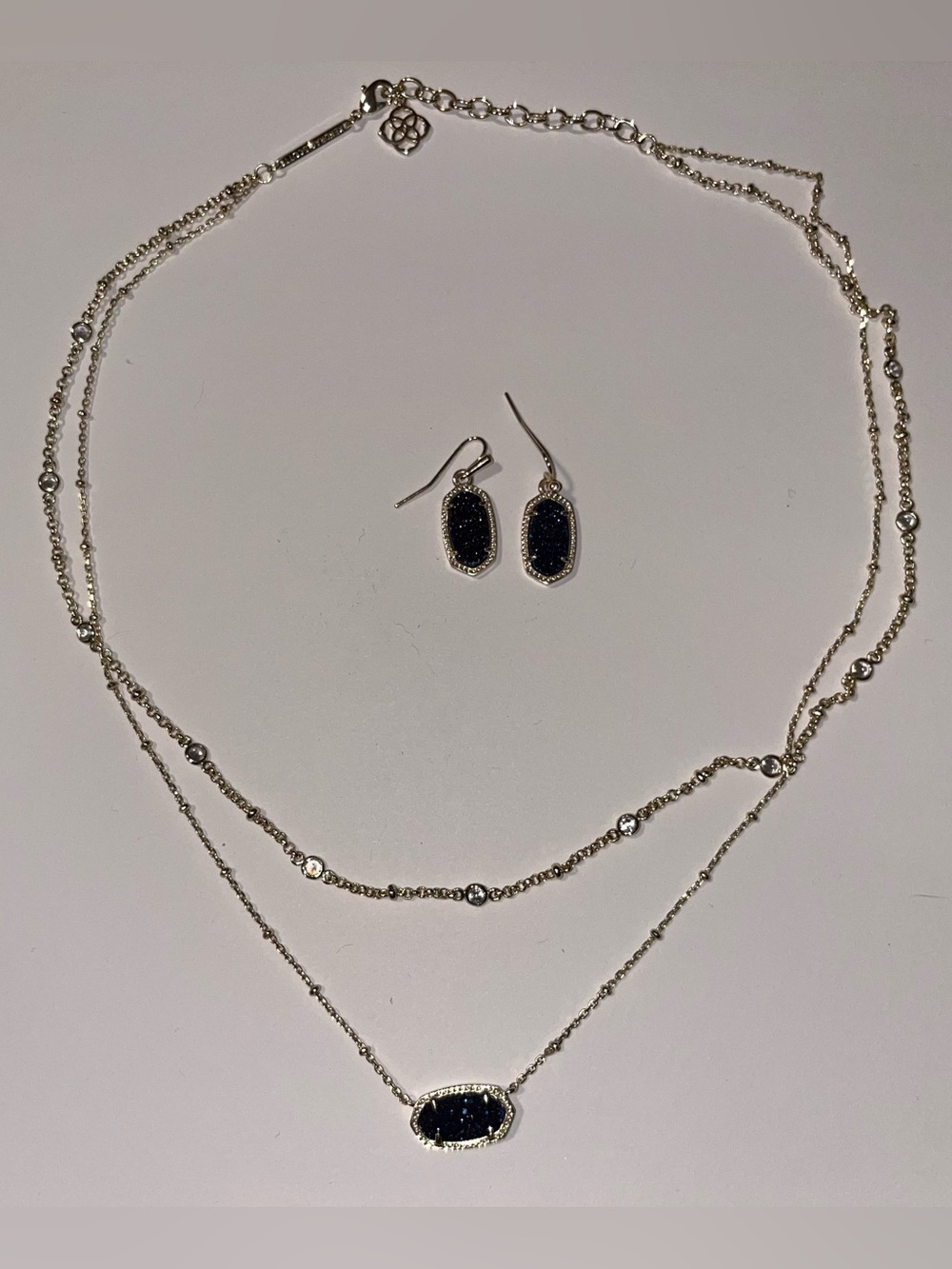 Delicate Double-Layer Kendra Scott Gold Necklace and Druzy Drop Earrings